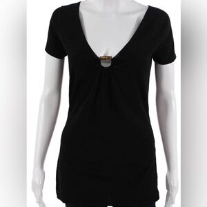 Gucci Black Short Sleeve Lana Vergine Wool Sweater w Wood Accent Sz XL ( L) EUC